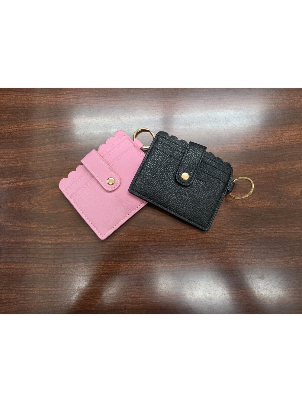 2 Faux Leather Scalloped Card Holder Keychain ID Wallet Case Pink & Black Preppy